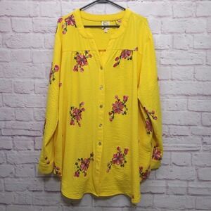 Fig & Flower Yellow Embroidered Tunic Blouse Sz 3X Floral Boho Cottage Artsy